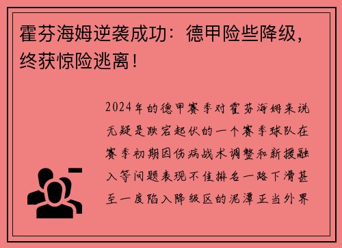 霍芬海姆逆袭成功：德甲险些降级，终获惊险逃离！